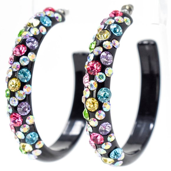 2.5" Light Multicolor Rhinestone Hoop Earrings - Picture 1 of 7